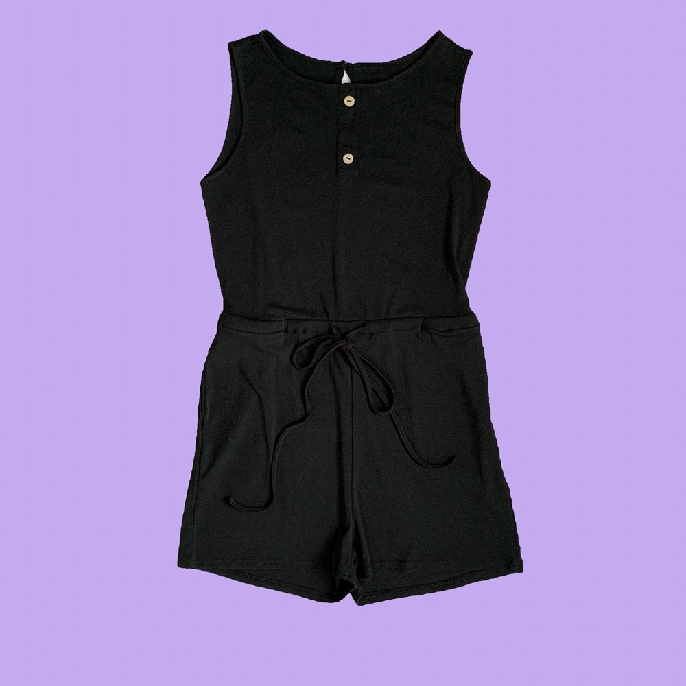 black sleeveless one piece romper jumper shorts with tie waist